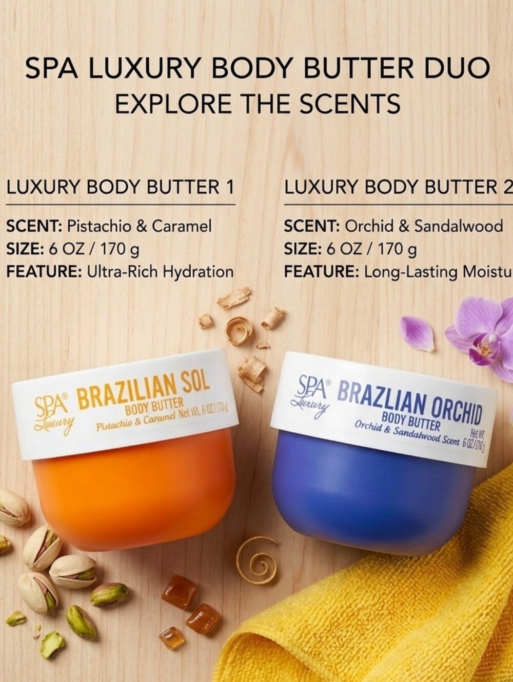Body Butter 2 Pack Spa Luxury Brazilian Sol and Brazilian Orchid 6oz ea.